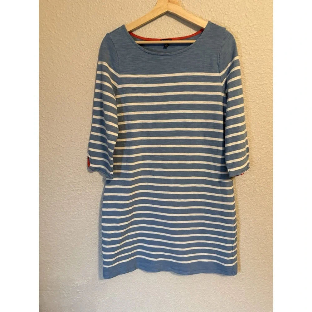 Talbots Dress Size L Petite Large Blue White Striped 3/4 Sleeve 100% Cotton